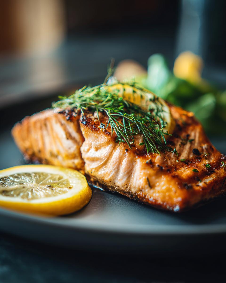 A perfectly grilled salmon fillet served on a plate with a lemon slice and garnished with fresh dill.