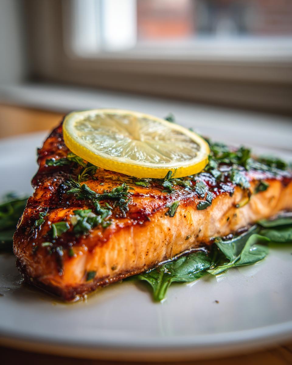 A perfectly grilled salmon fillet, glistening and topped with a lemon slice and fresh herbs, served on a bed of spinach.