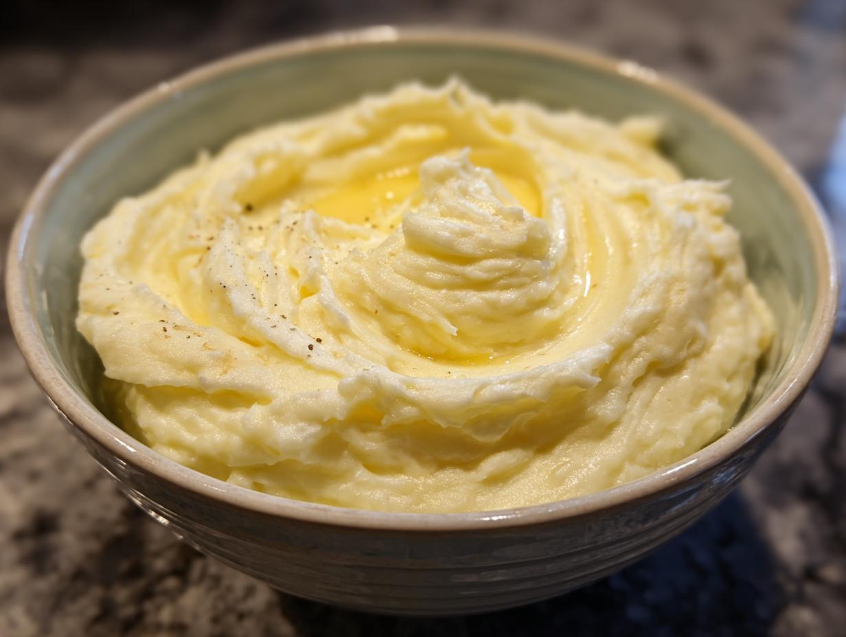 A close-up of a bowl filled with silky, creamy mashed potatoes, topped with melted butter and a sprinkle of black pepper.
