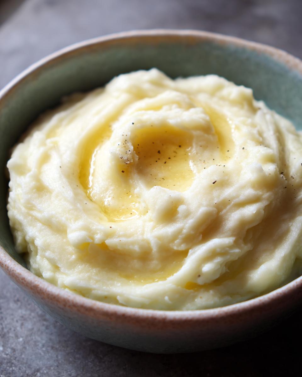 Close-up of a bowl of silky, creamy mashed potatoes topped with melted butter and black pepper.