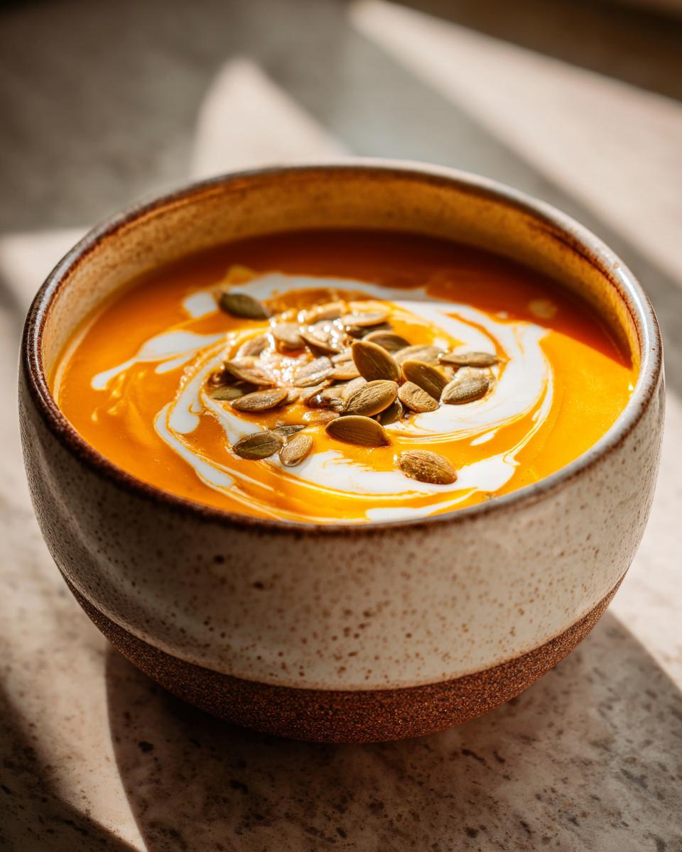 A close-up of a bowl of vibrant orange pumpkin soup, swirled with cream and topped with toasted pumpkin seeds.
