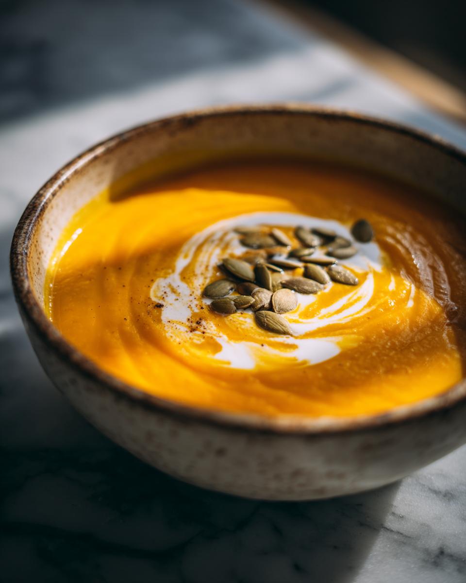 A close-up of a warm bowl of pumpkin soup, swirled with cream and topped with pumpkin seeds.