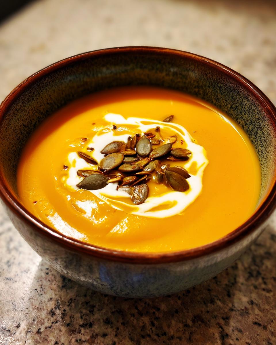 A close-up of a bowl of vibrant orange pumpkin soup, topped with a swirl of cream and toasted pumpkin seeds.