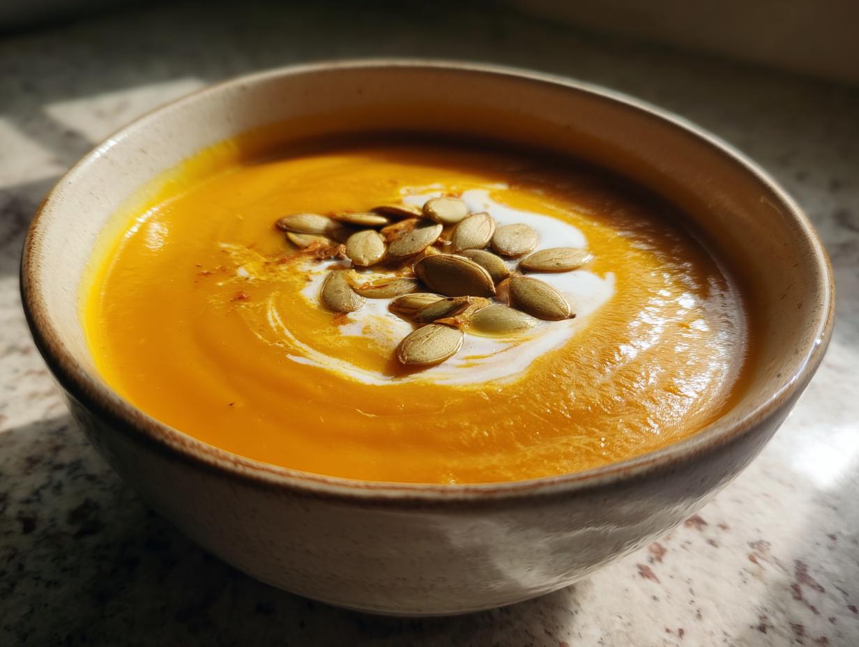 A close-up of a bowl of vibrant orange pumpkin soup, topped with a swirl of cream and toasted pumpkin seeds.