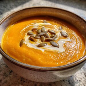 A close-up of a bowl of vibrant orange pumpkin soup, swirled with cream and topped with toasted pumpkin seeds.