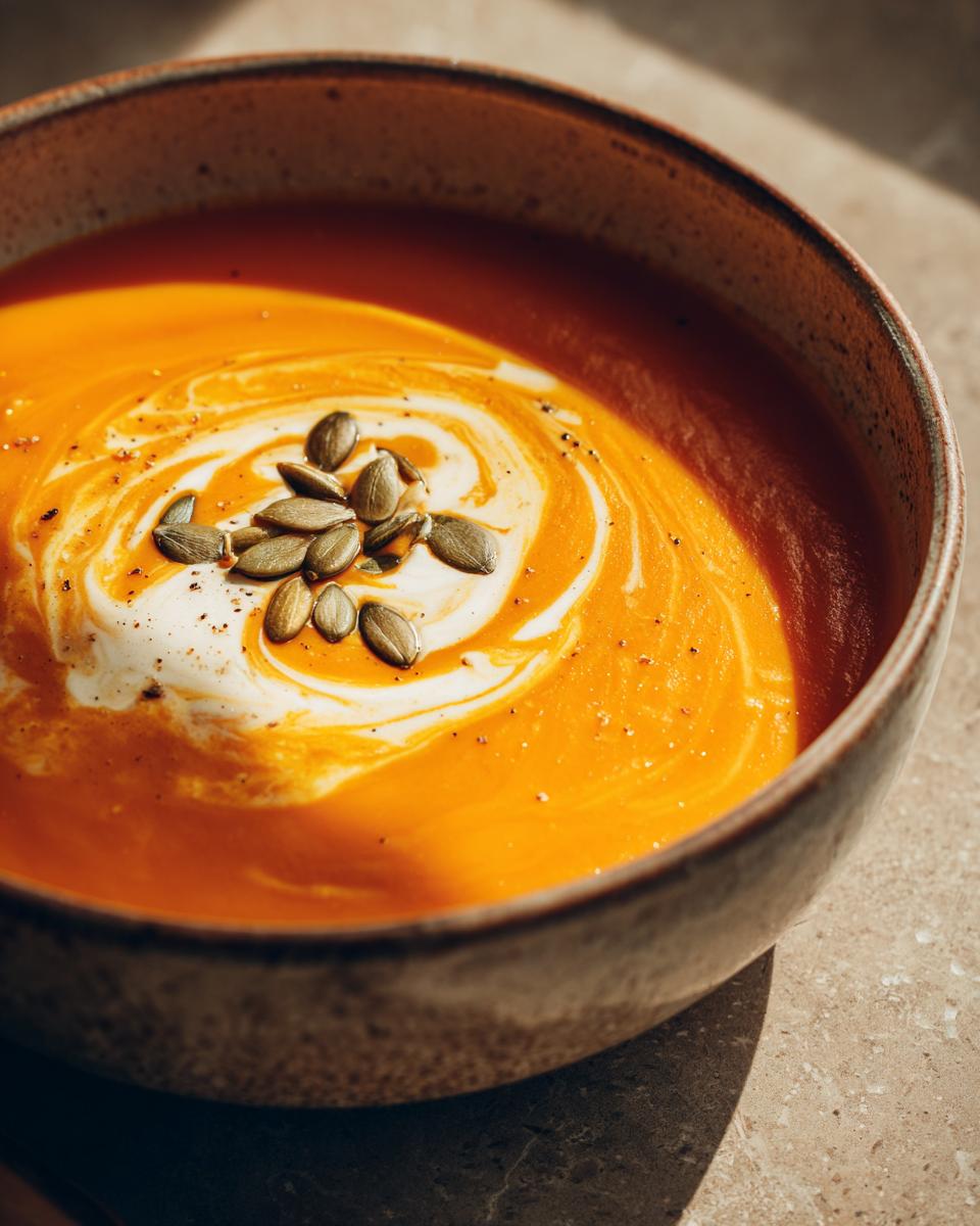 A close-up of a bowl of vibrant orange pumpkin soup, swirled with cream and topped with roasted pumpkin seeds.