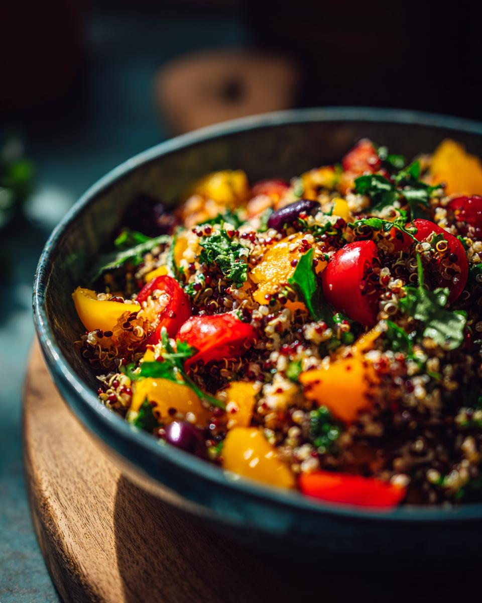 A vibrant bowl of quinoa salad featuring cherry tomatoes, yellow bell peppers, and fresh herbs.