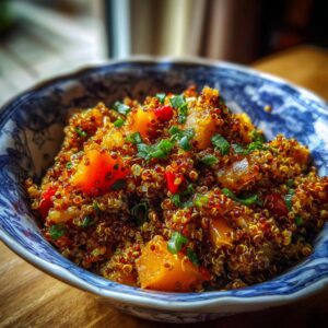 A close-up of a colorful quinoa salad in a blue and white bowl, featuring chunks of pumpkin, red pepper, and green onions.