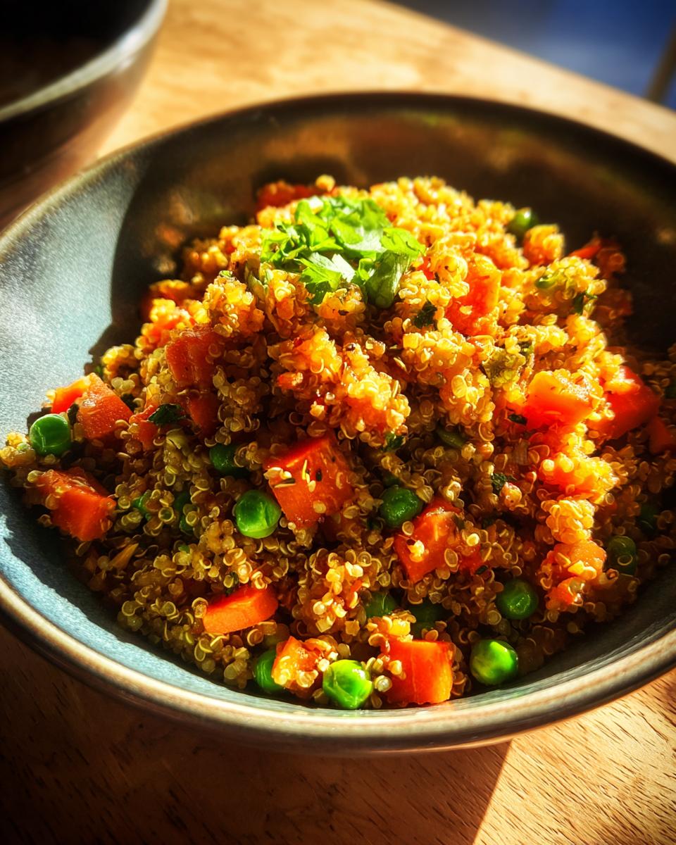 A close-up of a bowl filled with vibrant quinoa salad, featuring bright green peas and diced carrots, topped with fresh herbs.