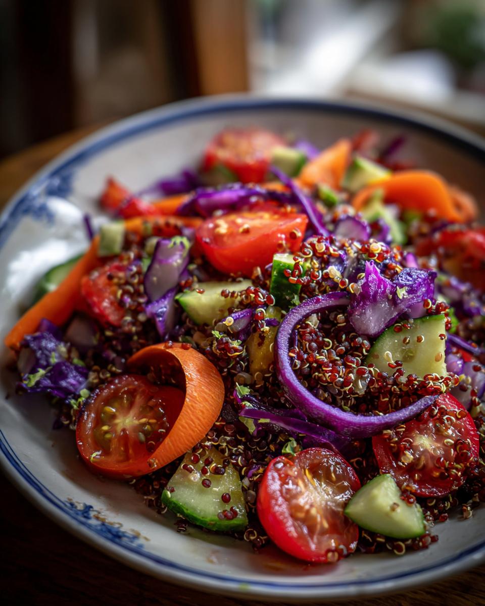 A colorful and fresh quinoa salad featuring red quinoa, cherry tomatoes, cucumber, red cabbage, and carrots.