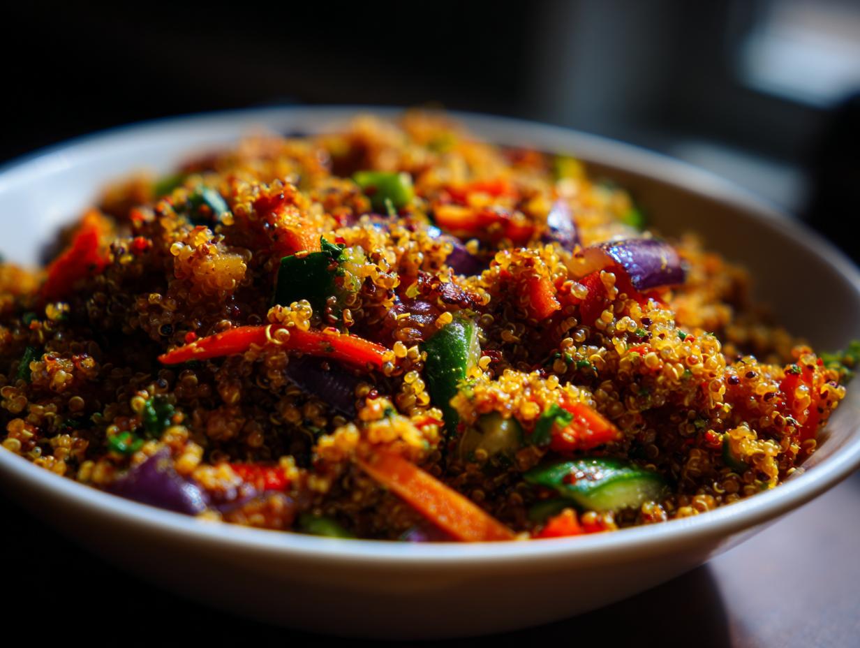 A close-up of a vibrant quinoa salad with chopped vegetables like red bell peppers, cucumber, and red onion.