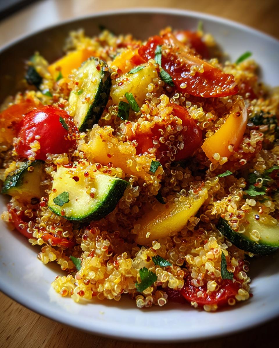 Close-up of a vibrant quinoa salad with cherry tomatoes, zucchini slices, and yellow bell peppers, garnished with parsley.
