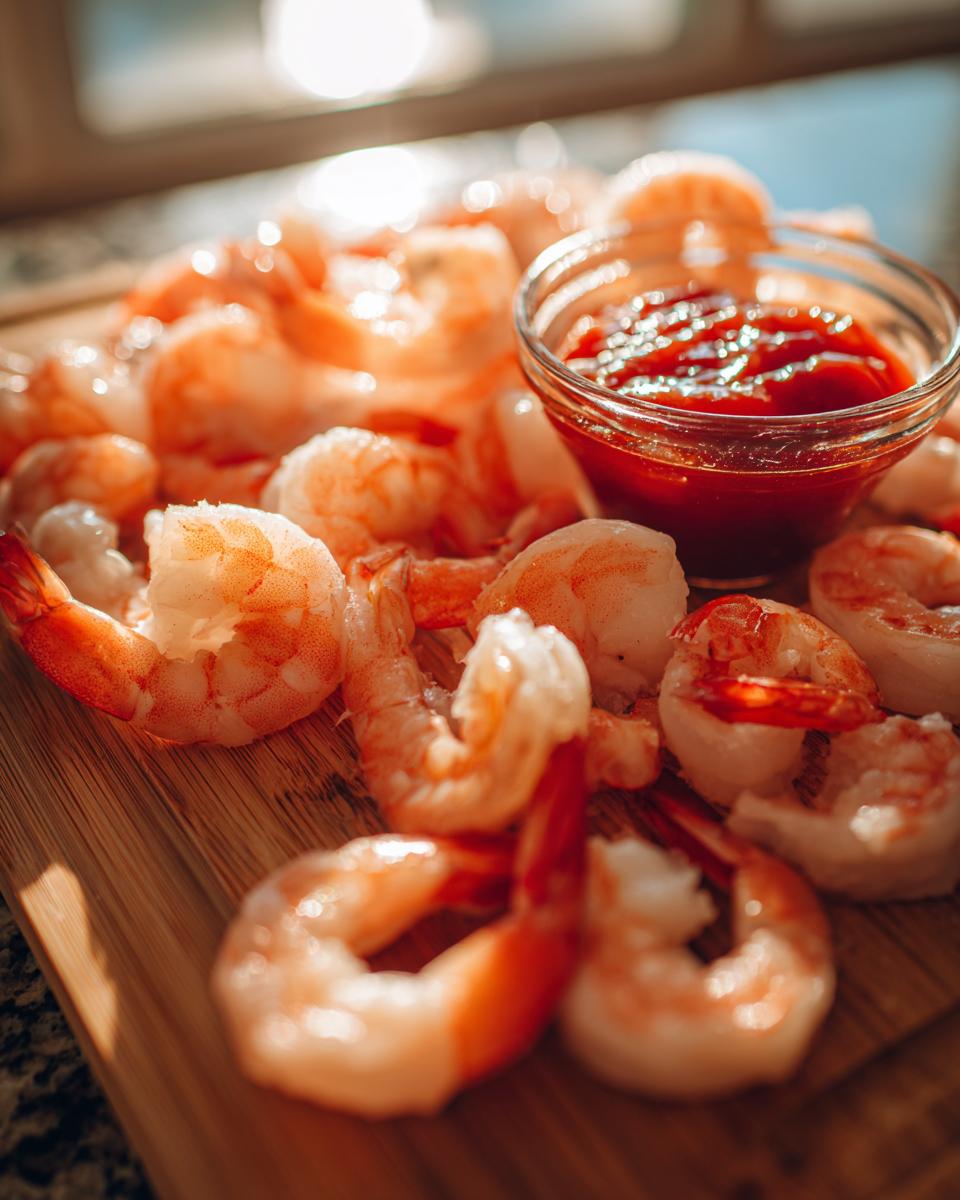 A platter of perfectly cooked shrimp cocktail arranged on a wooden board with a small bowl of cocktail sauce.