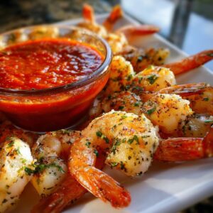 Close-up of a platter of perfectly cooked shrimp cocktail, seasoned with herbs, served with a vibrant red dipping sauce.