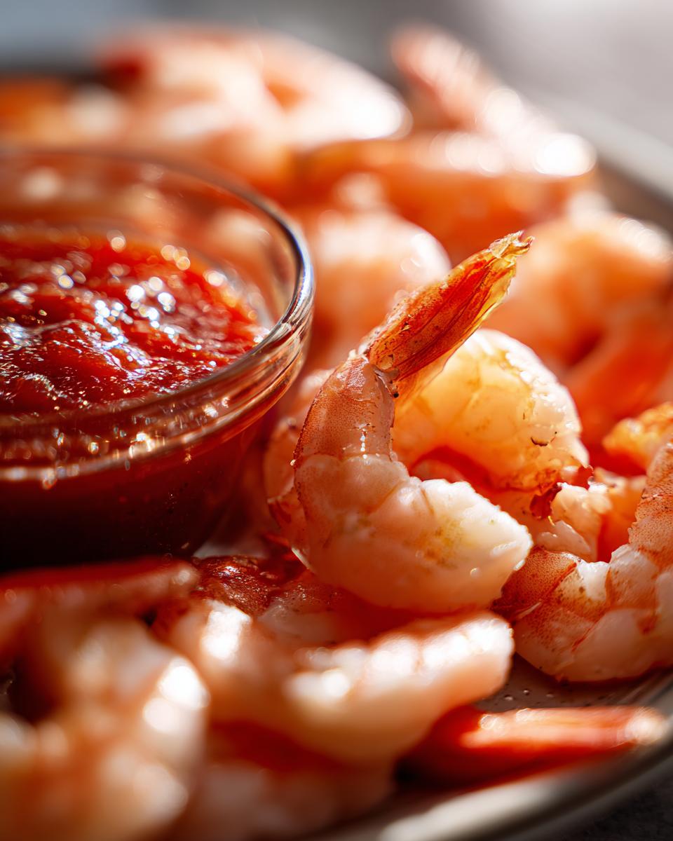 Close-up of a perfectly cooked shrimp cocktail, with a small bowl of zesty red dipping sauce.