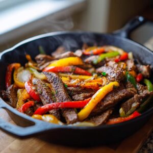 Close-up of sizzling steak fajitas with colorful bell peppers and onions in a cast iron skillet.