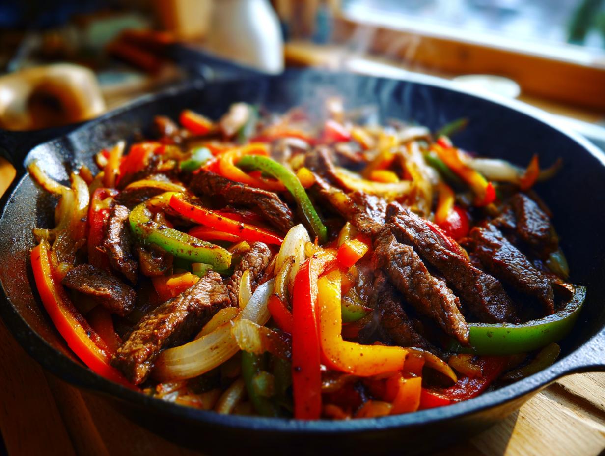Close-up of sizzling steak fajitas with colorful bell peppers and onions in a cast iron skillet.