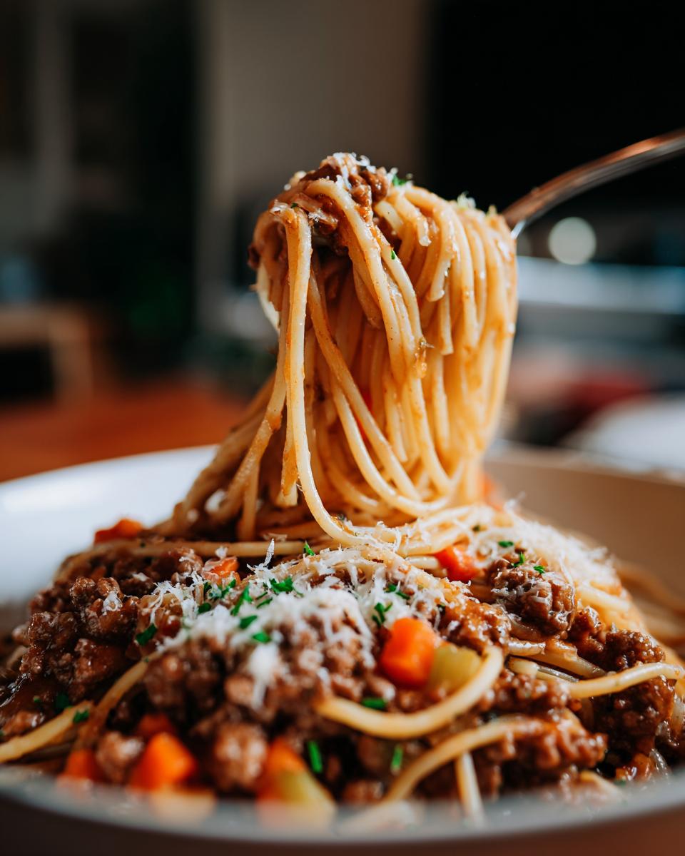 A fork lifting a generous portion of Spaghetti Bolognese, topped with grated Parmesan cheese and fresh herbs.