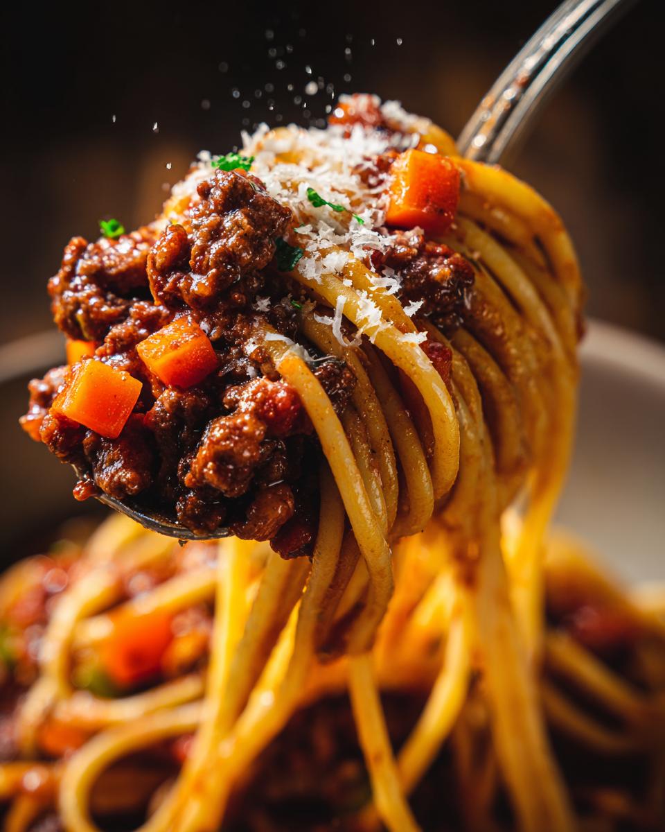A fork lifts a generous portion of Spaghetti Bolognese, showcasing the rich meat sauce, pasta, and grated Parmesan cheese.