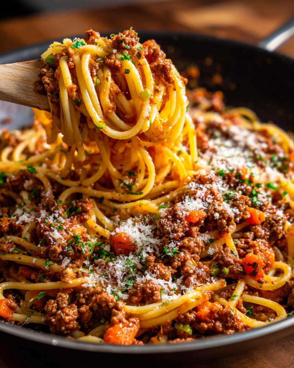 A close-up of spaghetti Bolognese being lifted with a wooden spoon, showing the rich meat sauce and grated Parmesan.