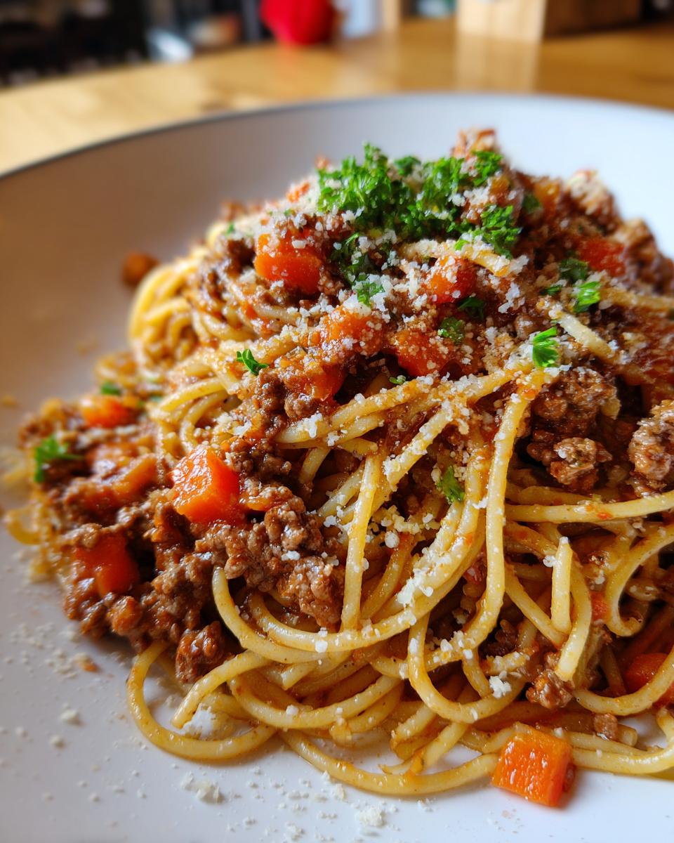A close-up of a plate of Spaghetti Bolognese, topped with a hearty meat sauce, grated cheese, and fresh parsley.