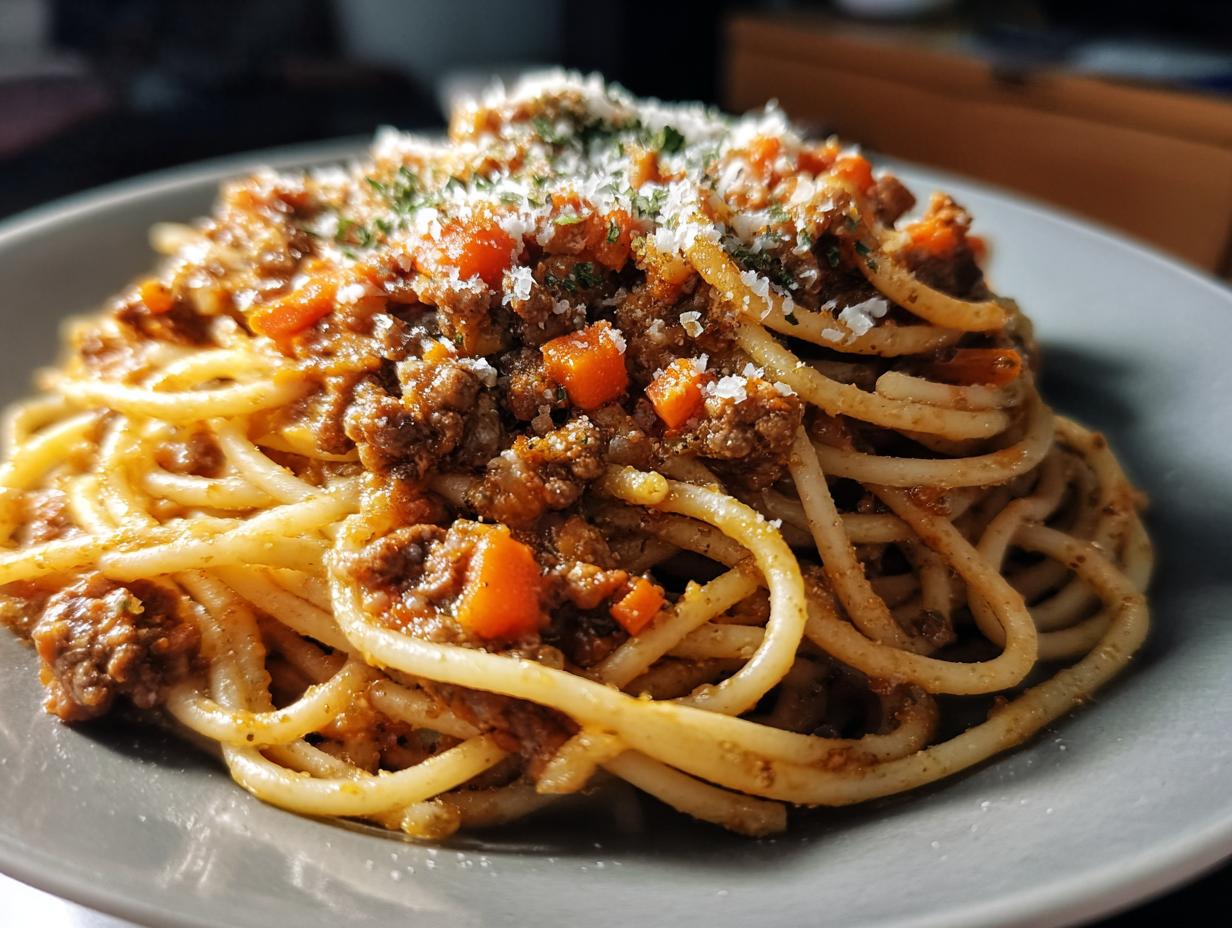 A close-up of a plate of Spaghetti Bolognese, featuring al dente pasta coated in a hearty meat sauce with visible carrots and topped with grated Parmesan cheese and herbs.