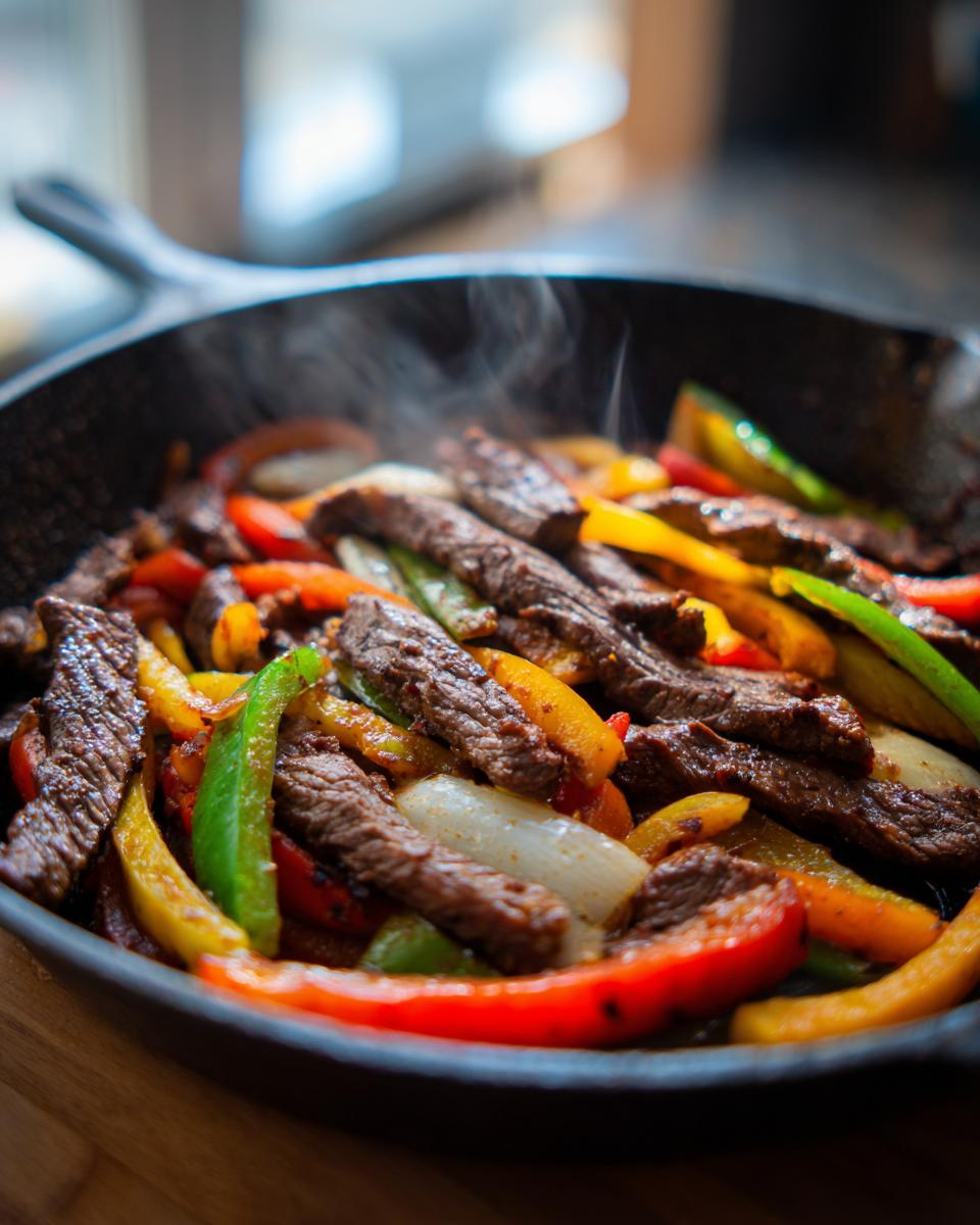 Close-up of sizzling steak fajitas with colorful bell peppers and onions in a cast iron skillet.