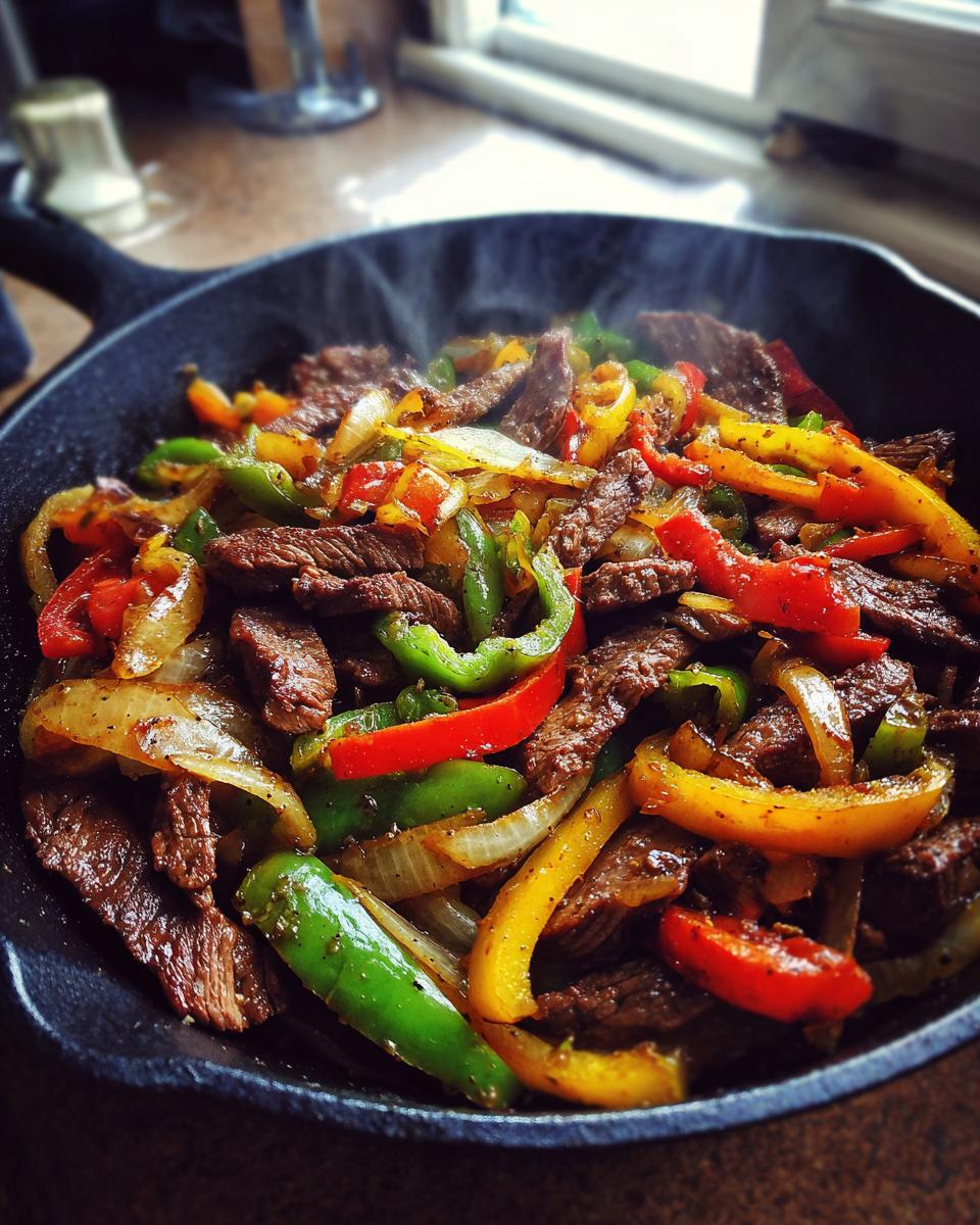 Close-up of sizzling steak fajitas with colorful bell peppers and onions in a cast-iron skillet.