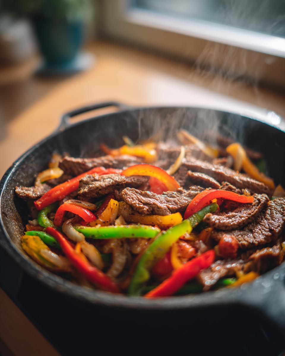 Close-up of sizzling steak fajitas with colorful bell peppers and onions in a cast-iron skillet.