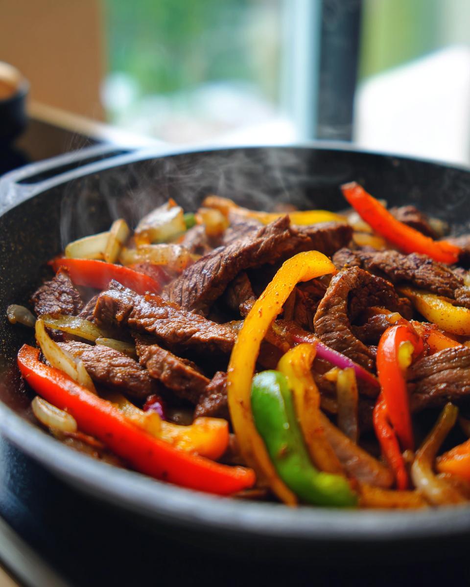 Close-up of sizzling steak fajitas with colorful bell peppers and onions in a cast-iron skillet.