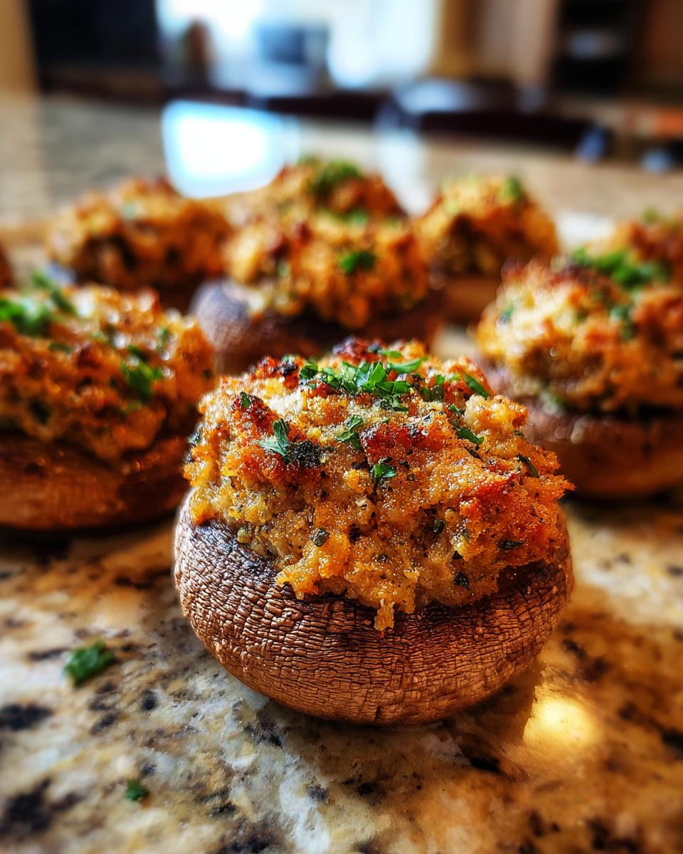 Close-up of delicious stuffed mushrooms, generously filled and topped with herbs.