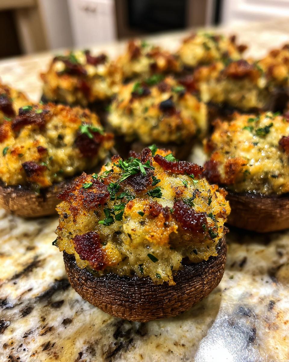 Close-up of delicious stuffed mushrooms, topped with crispy bacon bits and fresh parsley.
