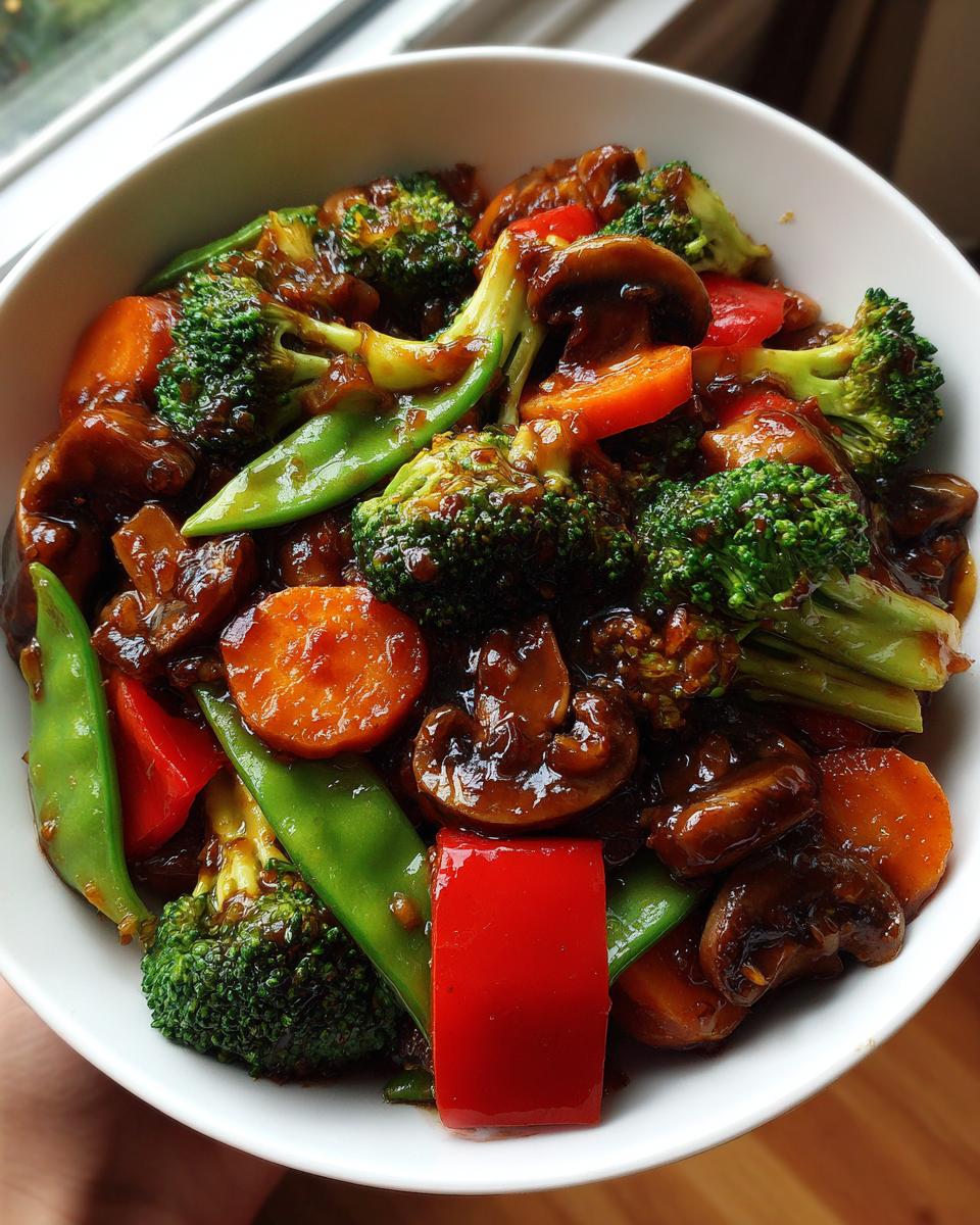 A close-up of a white bowl filled with a vibrant vegetable stir fry, featuring broccoli, carrots, snap peas, mushrooms, and red bell peppers in a glossy sauce.
