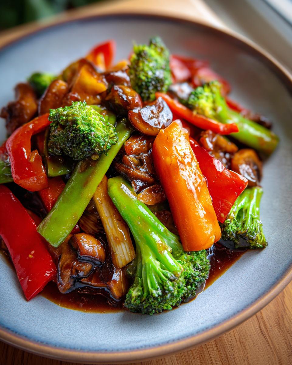Close-up of a vibrant vegetable stir fry featuring broccoli, red bell peppers, carrots, and mushrooms in a glossy sauce.