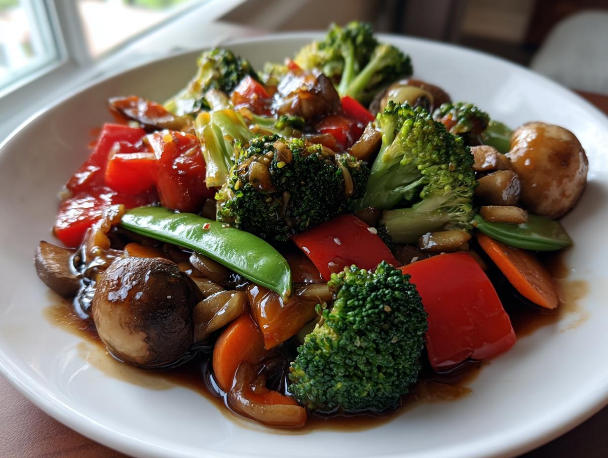 A vibrant and healthy vegetable stir fry featuring broccoli, red bell peppers, carrots, mushrooms, and snap peas in a glossy sauce.