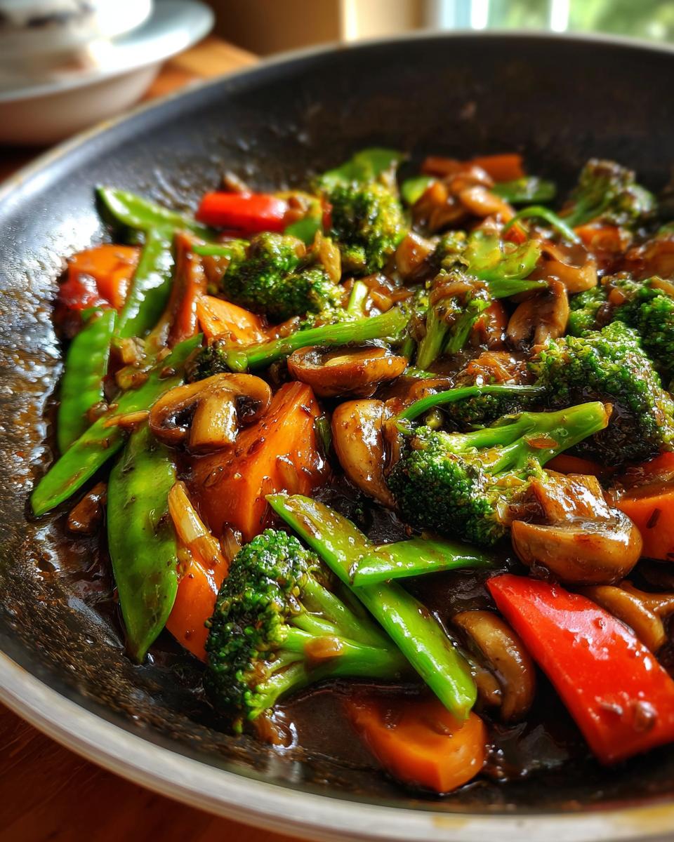 A close-up of a vibrant vegetable stir fry in a pan, featuring broccoli, snap peas, carrots, mushrooms, and red bell peppers in a glossy sauce.