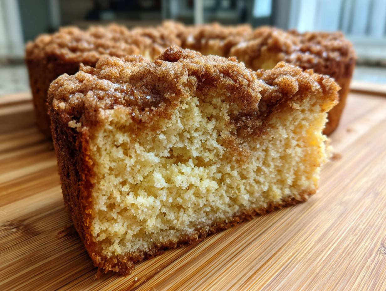 A slice of amazing coffee cake with a tender crumb and a generous topping of cinnamon streusel, displayed on a wooden board.