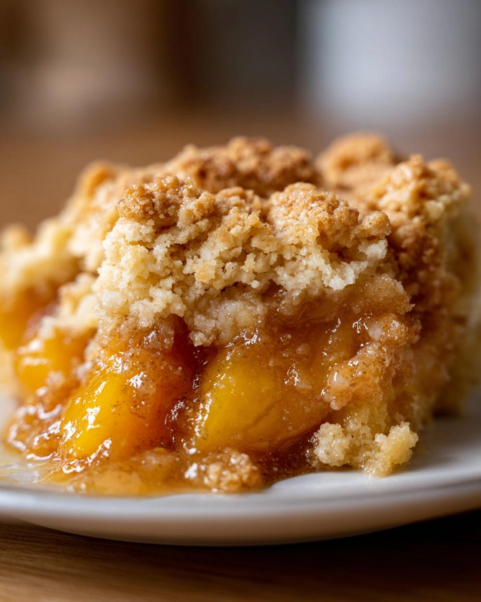 Close-up of a warm, gooey slice of southern peach cobbler with a crumbly topping on a white plate.