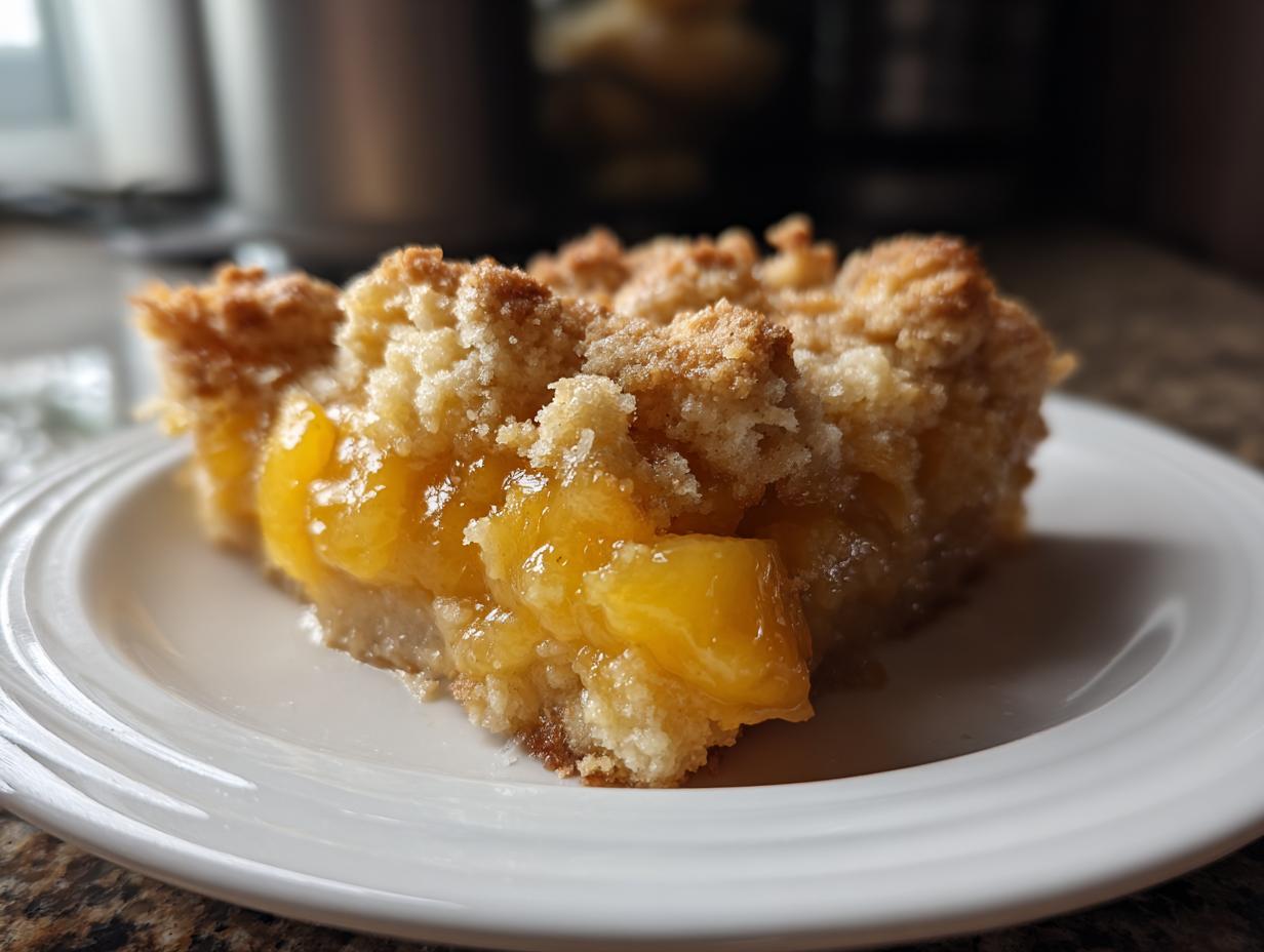A close-up of a square slice of amazing southern peach cobbler with juicy filling and a buttery crumb topping on a white plate.