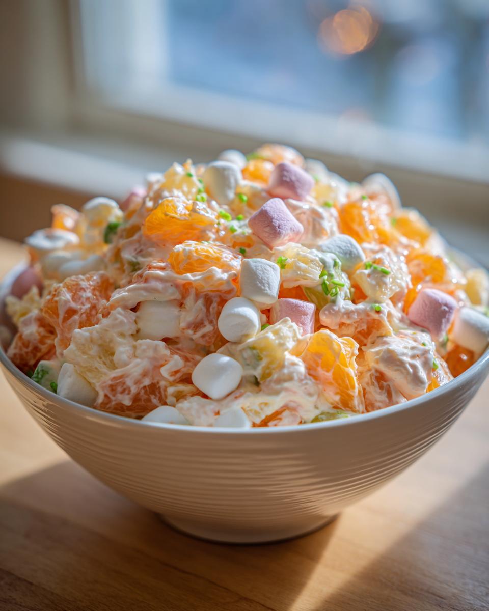 A close-up of a bowl filled with Grandma's Ambrosia Salad, featuring mandarin oranges, marshmallows, and pineapple.