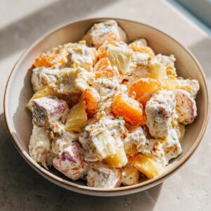 A close-up of Grandma's Ambrosia Salad in a bowl, featuring pineapple chunks, mandarin orange segments, and creamy dressing.