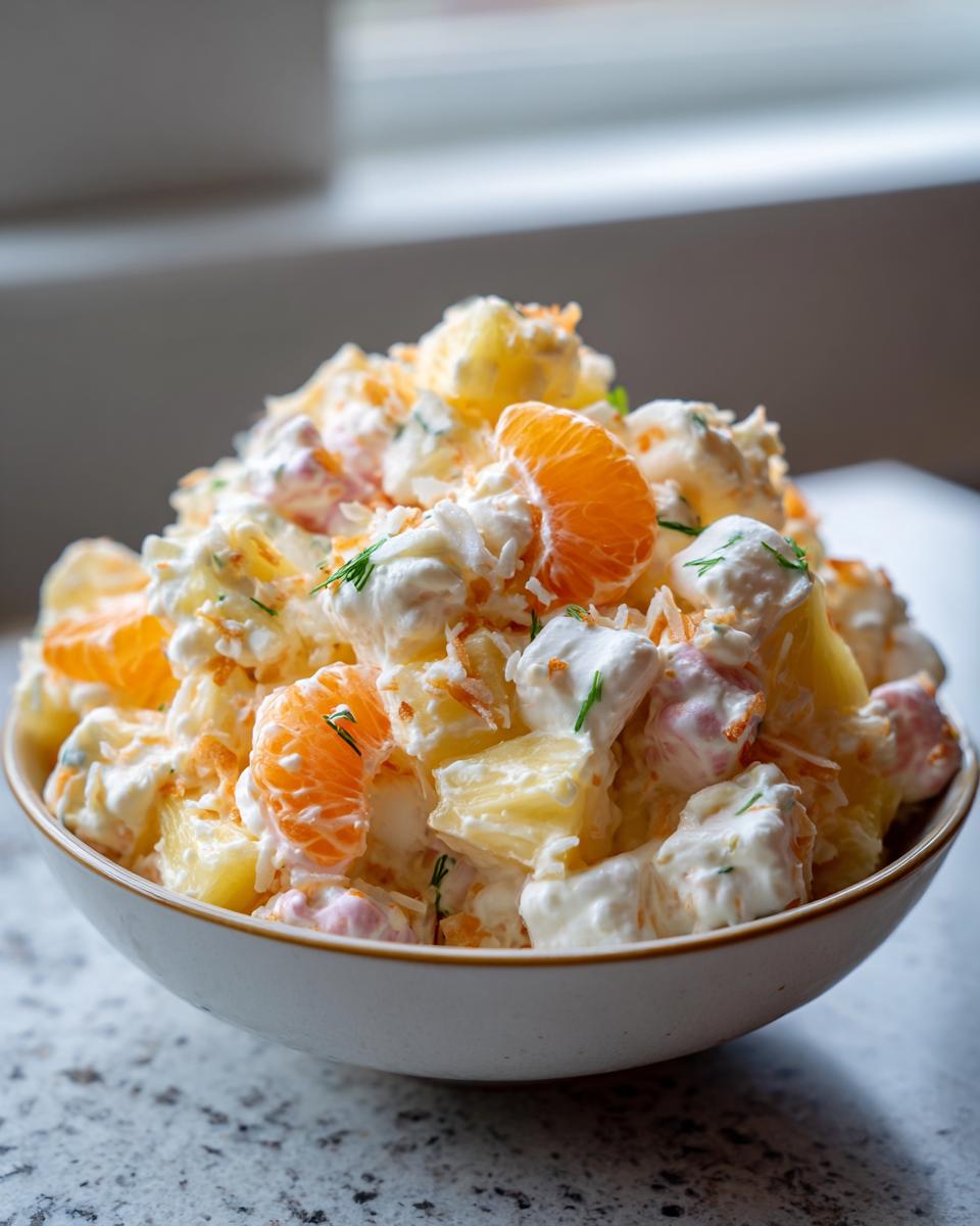 A close-up of Grandma's Ambrosia Salad, featuring pineapple chunks, mandarin orange slices, and creamy dressing.