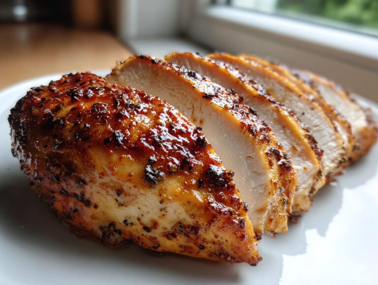 Close-up of perfectly baked chicken breast, sliced and glistening with spices and juices.