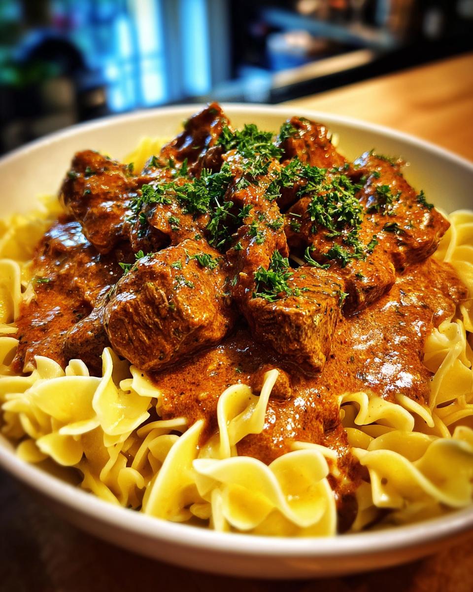 A close-up of tender beef stroganoff in a creamy sauce, generously poured over wide egg noodles and garnished with fresh parsley.