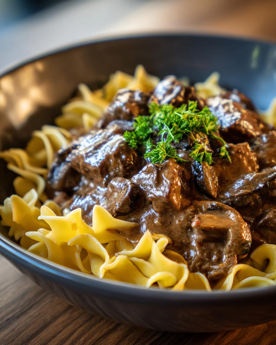 A close-up of tender beef stroganoff served over wide egg noodles, garnished with fresh parsley.