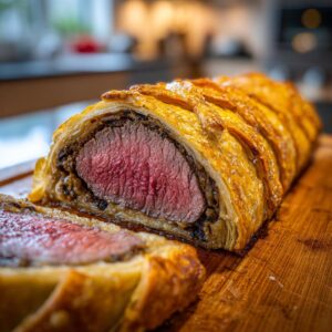 Close-up of a perfectly cooked Beef Wellington, showcasing a tender, medium-rare beef tenderloin wrapped in golden puff pastry.