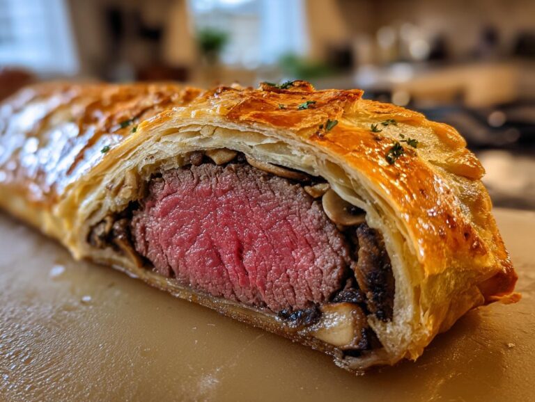 A close-up of a slice of Beef Wellington, showcasing the tender, pink beef tenderloin encased in golden puff pastry and mushroom duxelles.