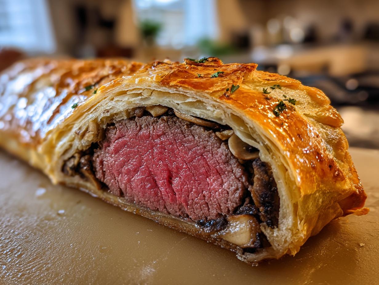 A close-up of a slice of Beef Wellington, showcasing the tender, pink beef tenderloin encased in golden puff pastry and mushroom duxelles.