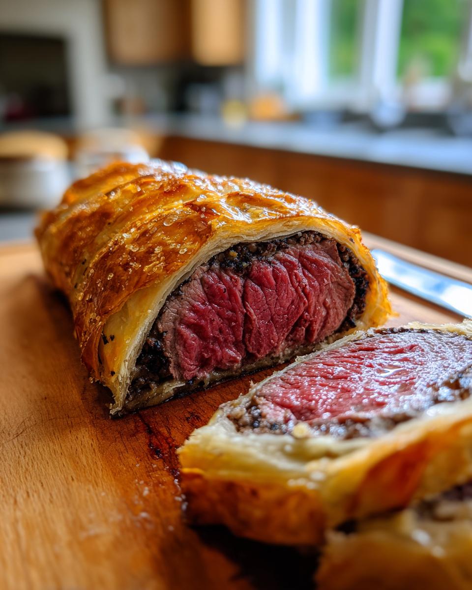 A close-up of a perfectly cooked Beef Wellington, showing the flaky pastry and rare, juicy beef inside.