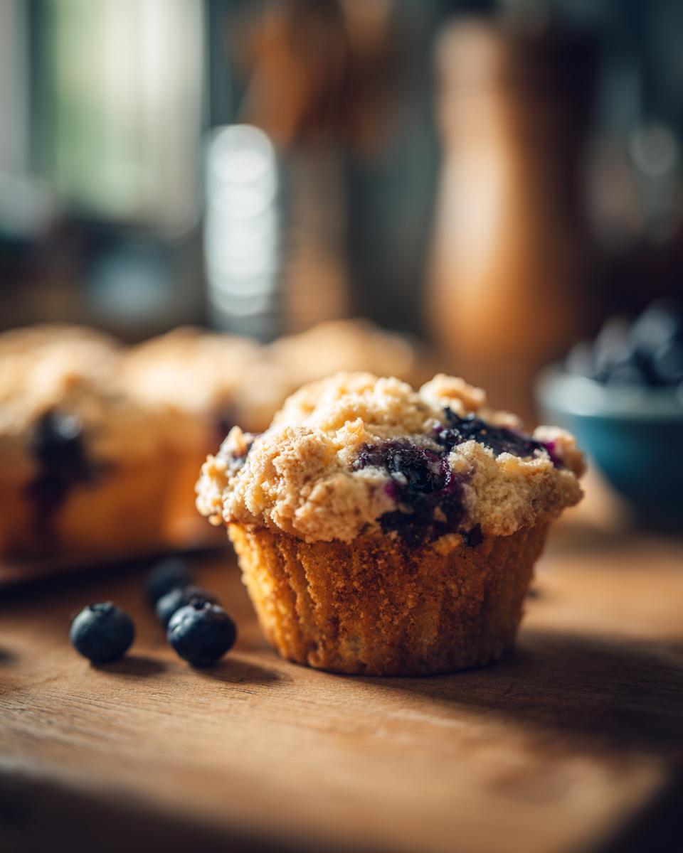 Close-up of a delicious blueberry muffin with a crumb topping and fresh blueberries on a wooden surface.